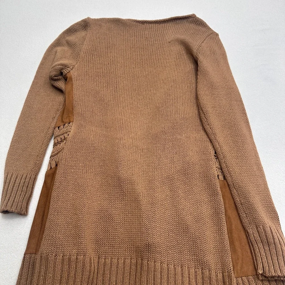 Venus‎ Open Front Cardigan Brown Faux Suede Crochet Fringe Sweater Boho Womens S